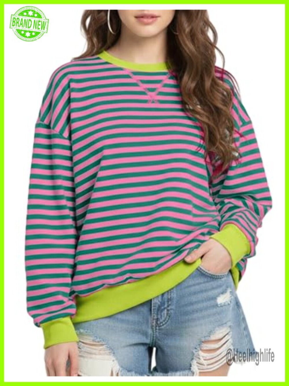 Oversized Striped Sweatshirt Long Sleeve Crewneck Pullover Top
